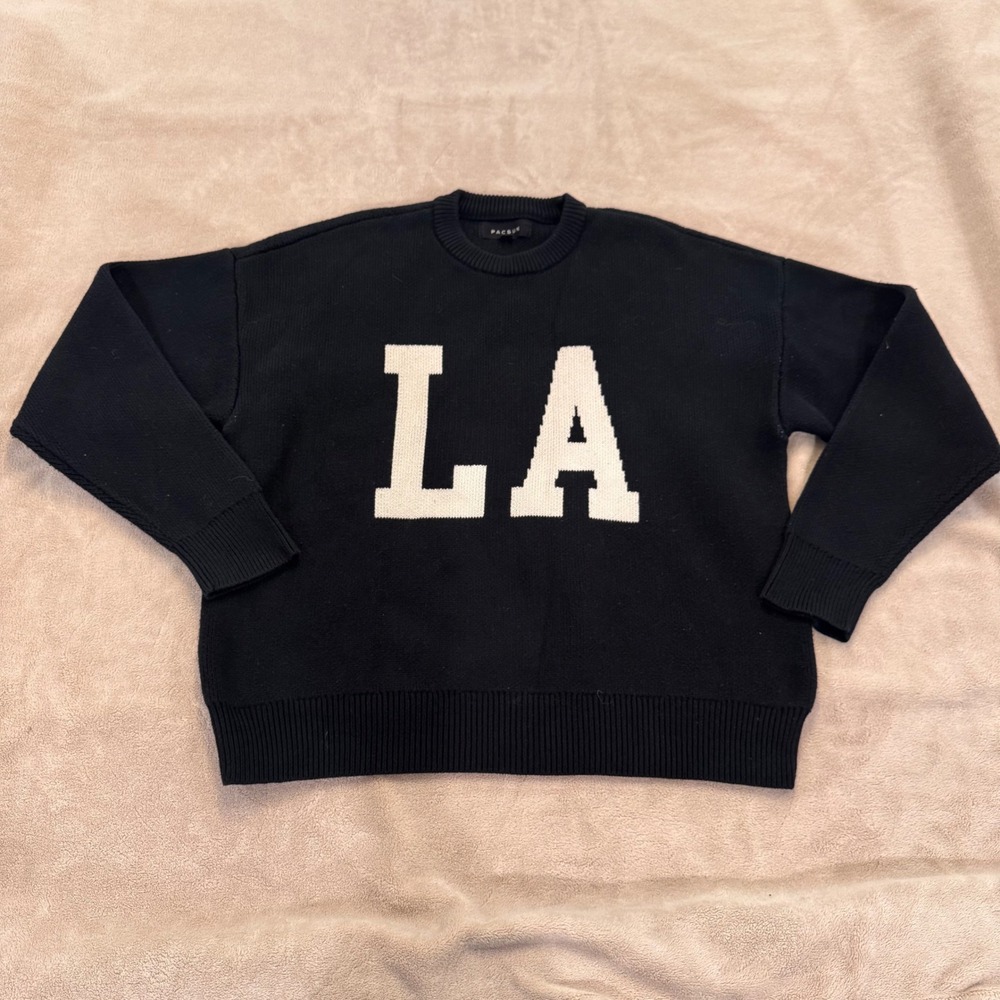 PacSun LA Oversized Crewneck Sweater Black Streetwear Retro Chic Minimalist Sz M - Picture 2 of 9
